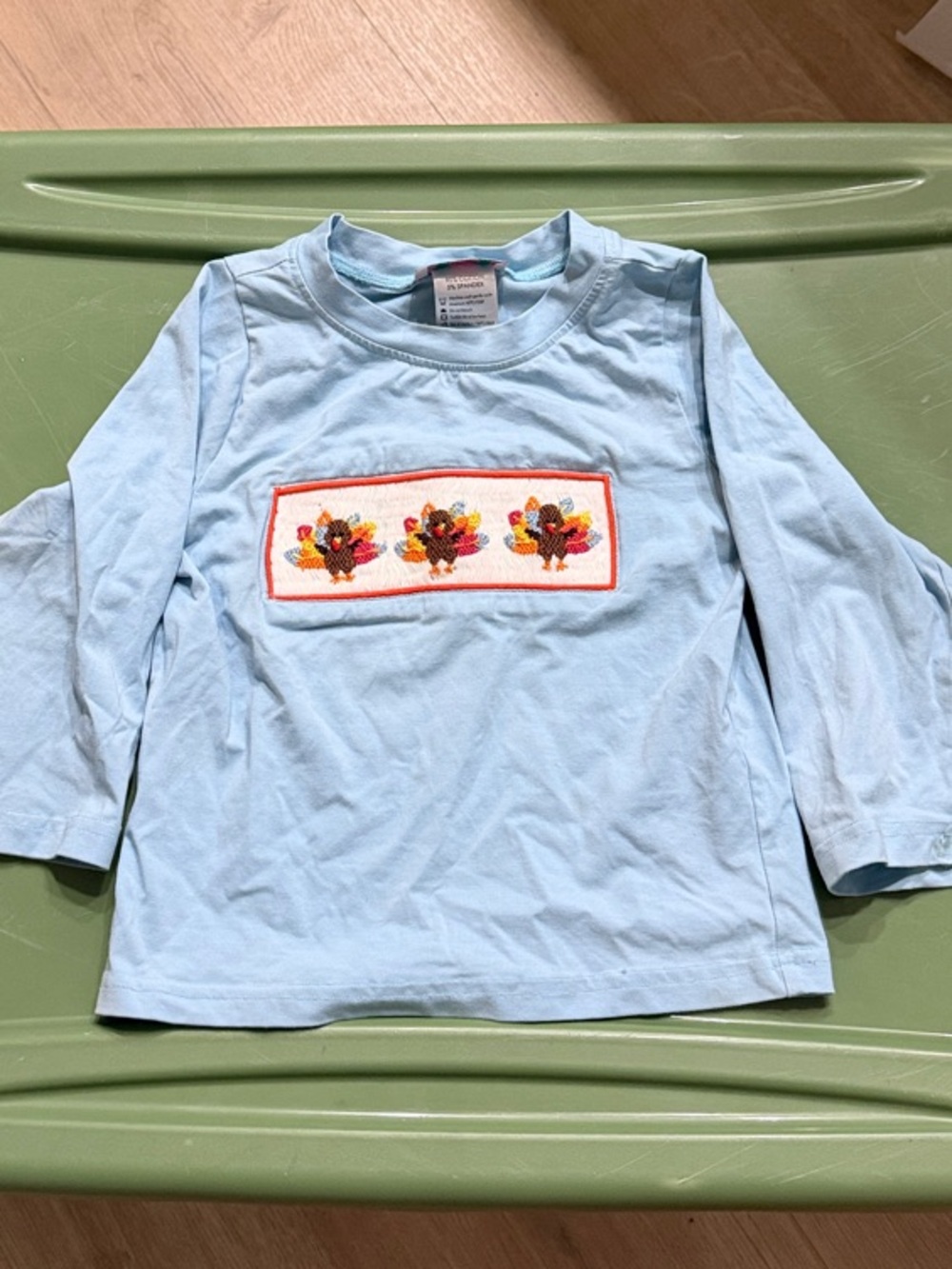 Thanksgiving Light Blue Long-Sleeve Top with Smocked Turkey 3T